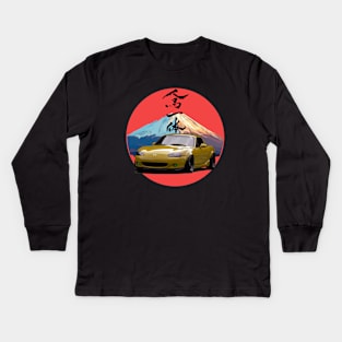 Yellow Mazda Miata/MX-5 - Mount Fuji Jinba Ittai Roadster Life Kids Long Sleeve T-Shirt